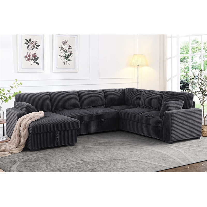 Oversized Upholstered Corduroy Sleeper Sectional Sofa With Storage Chaise