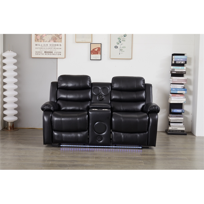 Faux Leather Manual Reclining Loveseat with LED and Console With SubWoofer