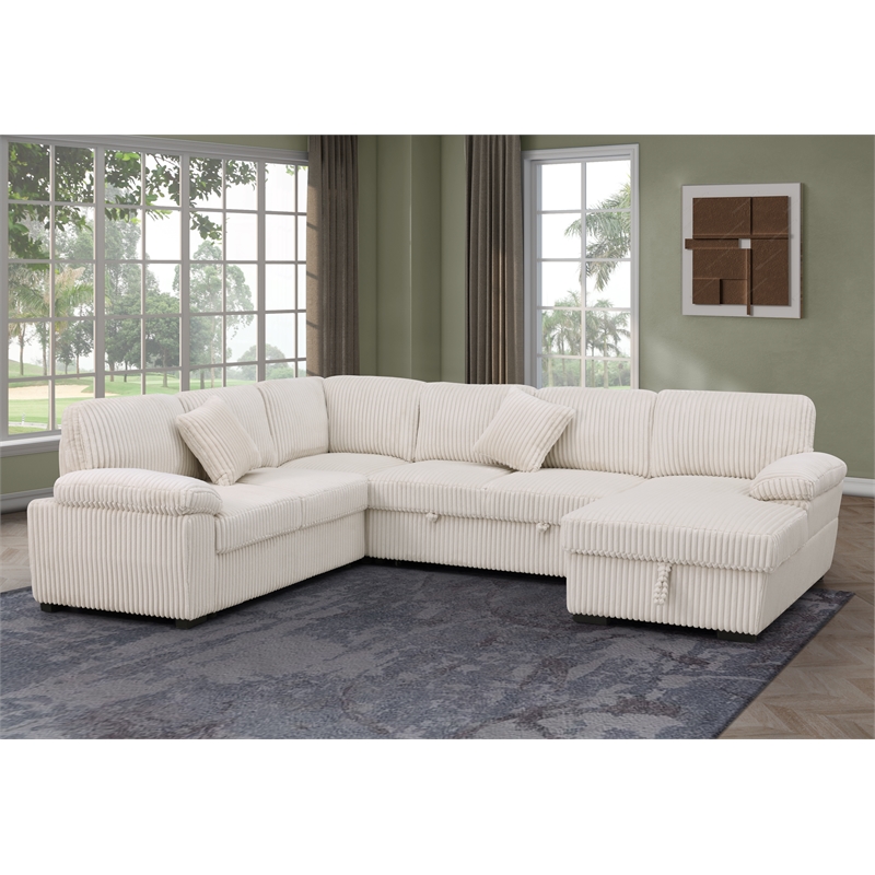 4 Piece Oversized Corduroy Sleeper Sectional Sofa With Storage Chaise