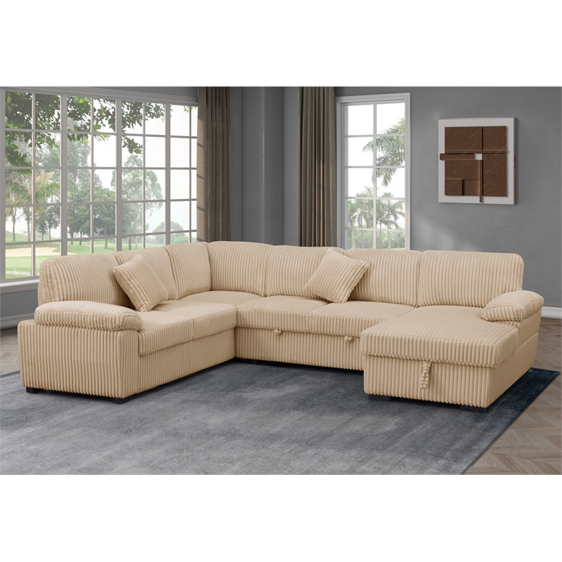4 Piece Oversized Corduroy Sleeper Sectional Sofa With Storage Chaise