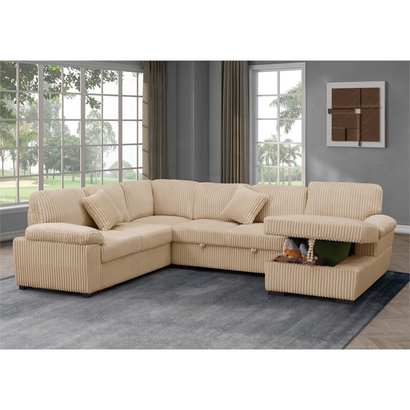 4 Piece Oversized Corduroy Sleeper Sectional Sofa With Storage Chaise