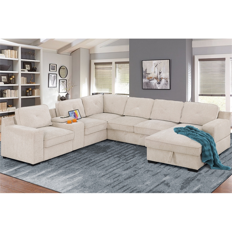 U-Shaped Sectional Sofa Bed Pull Out Sleeper Couch With Storage Chaise In Beige