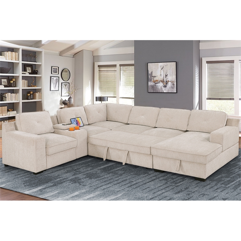 U-Shaped Sectional Sofa Bed Pull Out Sleeper Couch With Storage Chaise In Beige