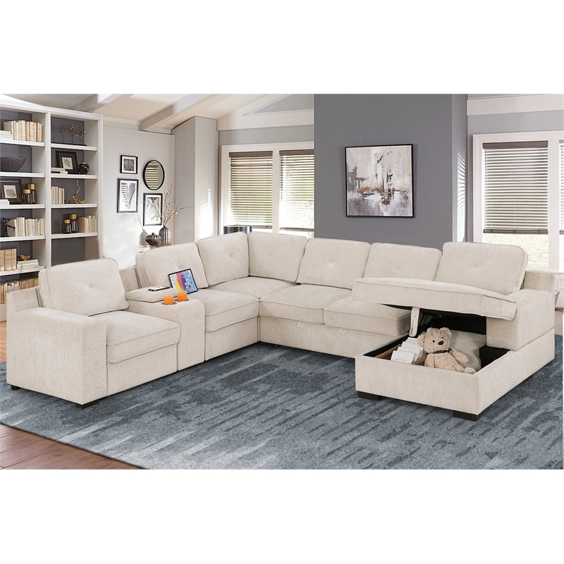 U-Shaped Sectional Sofa Bed Pull Out Sleeper Couch With Storage Chaise In Beige