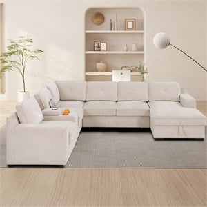 U-Shaped Sectional Sofa Bed Pull Out Sleeper Couch With Storage Chaise In Beige