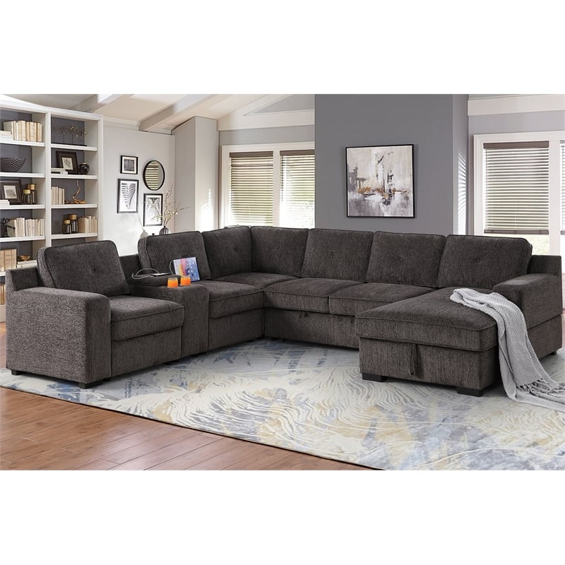U-Shaped Sectional Sofa Bed Pull Out Sleeper Couch With Storage Chaise in Brown