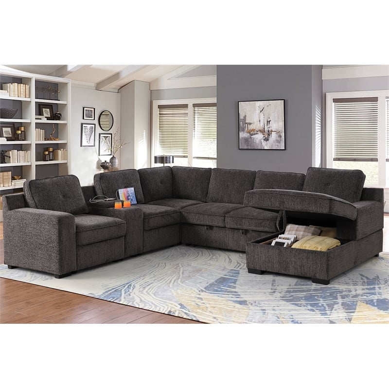 U-Shaped Sectional Sofa Bed Pull Out Sleeper Couch With Storage Chaise in Brown