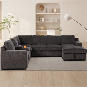 U-Shaped Sectional Sofa Bed Pull Out Sleeper Couch With Storage Chaise in Brown