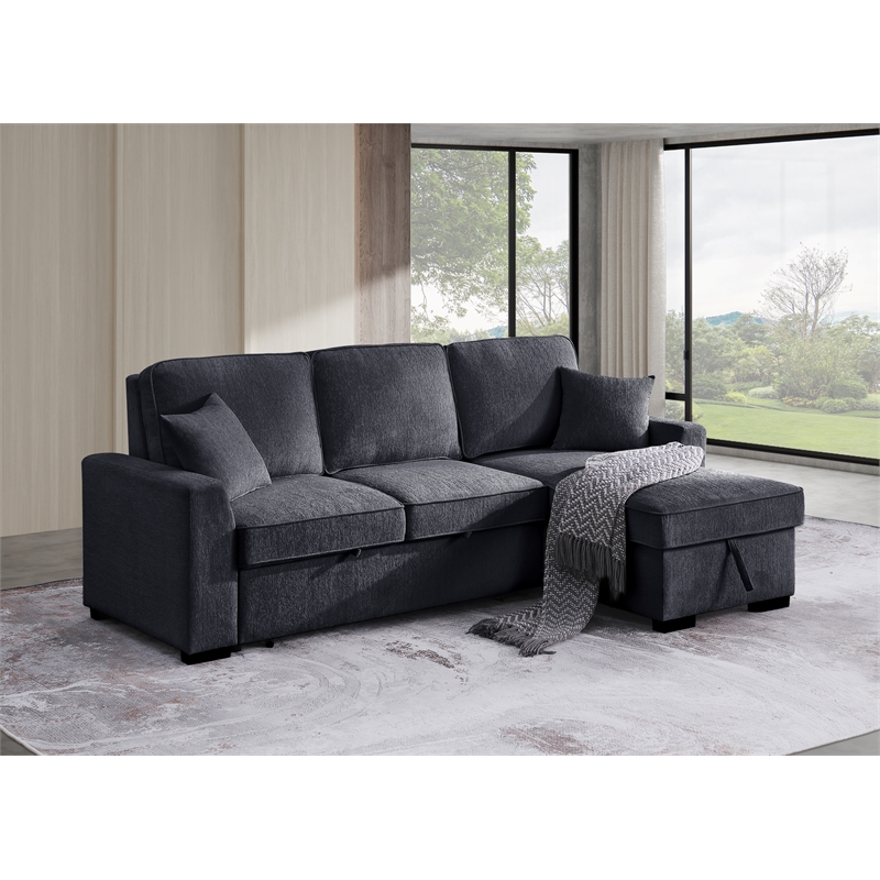 Kingway Reversible Sleeper Sofa & Chaise with Cupholders and USB In Dark Gray