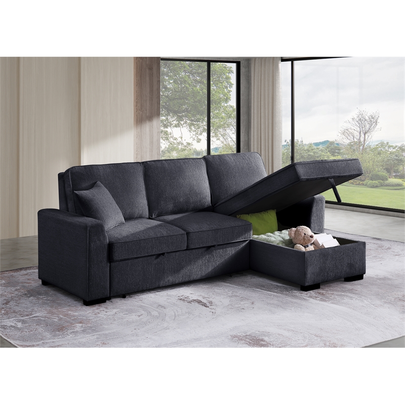 Kingway Reversible Sleeper Sofa & Chaise with Cupholders and USB In Dark Gray