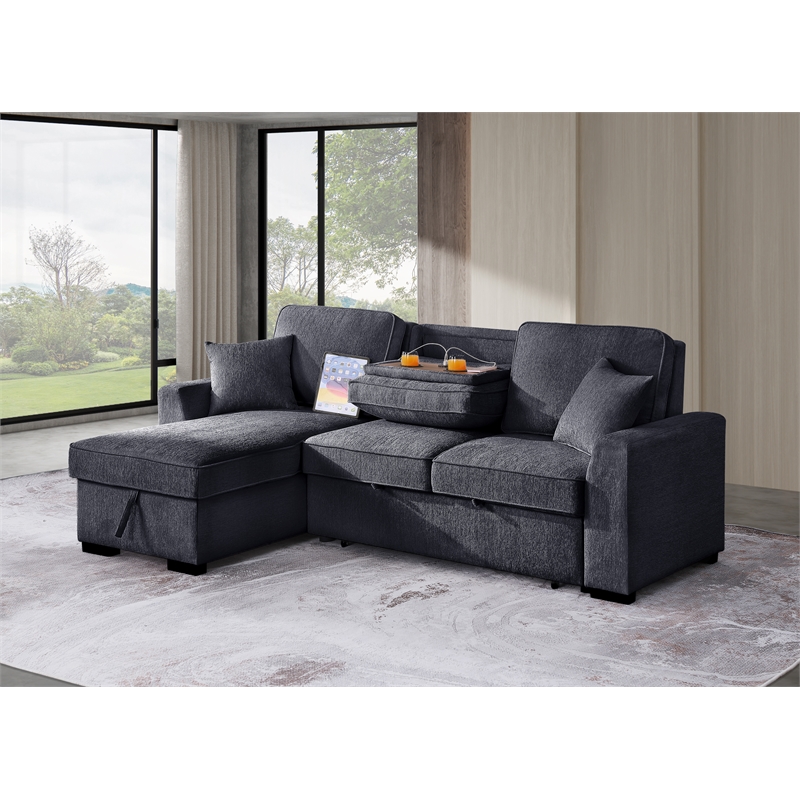 Kingway Reversible Sleeper Sofa & Chaise with Cupholders and USB In Dark Gray