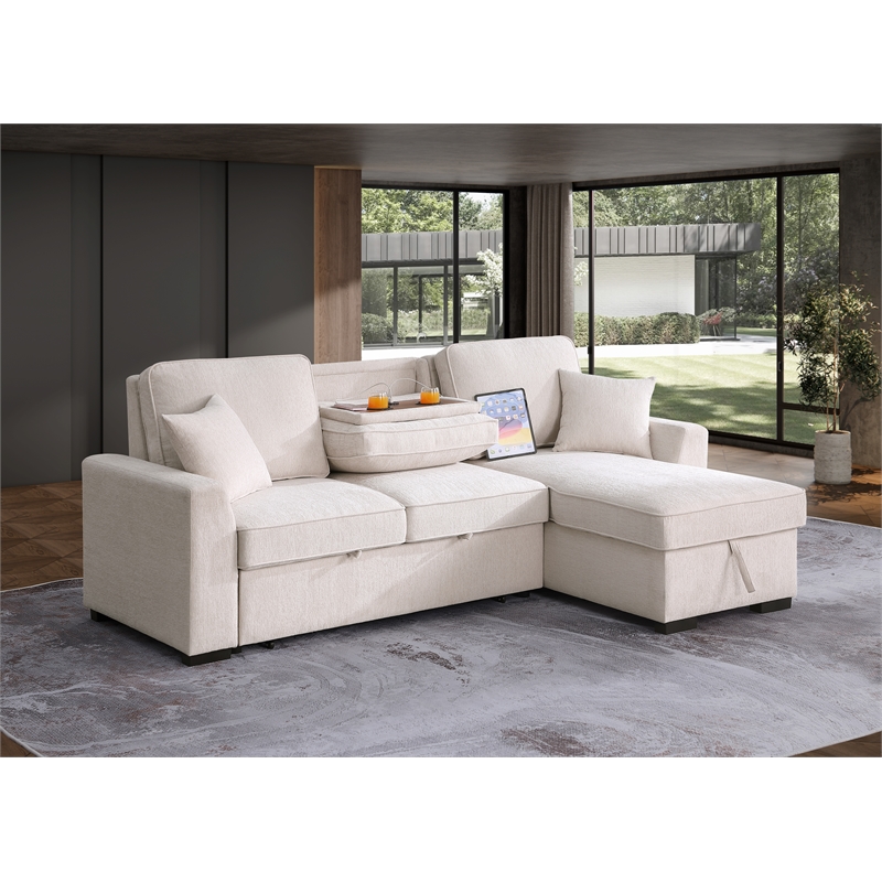 Kingway Chenille Reversible Sleeper sectional with Cupholders and USB In Beige