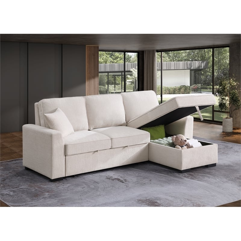 Kingway Chenille Reversible Sleeper sectional with Cupholders and USB In Beige