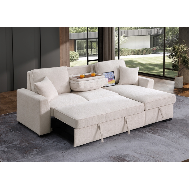 Kingway Chenille Reversible Sleeper sectional with Cupholders and USB In Beige