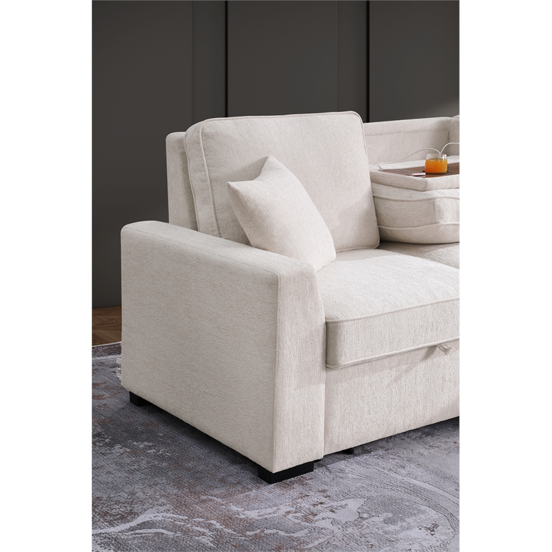 Kingway Chenille Reversible Sleeper sectional with Cupholders and USB In Beige