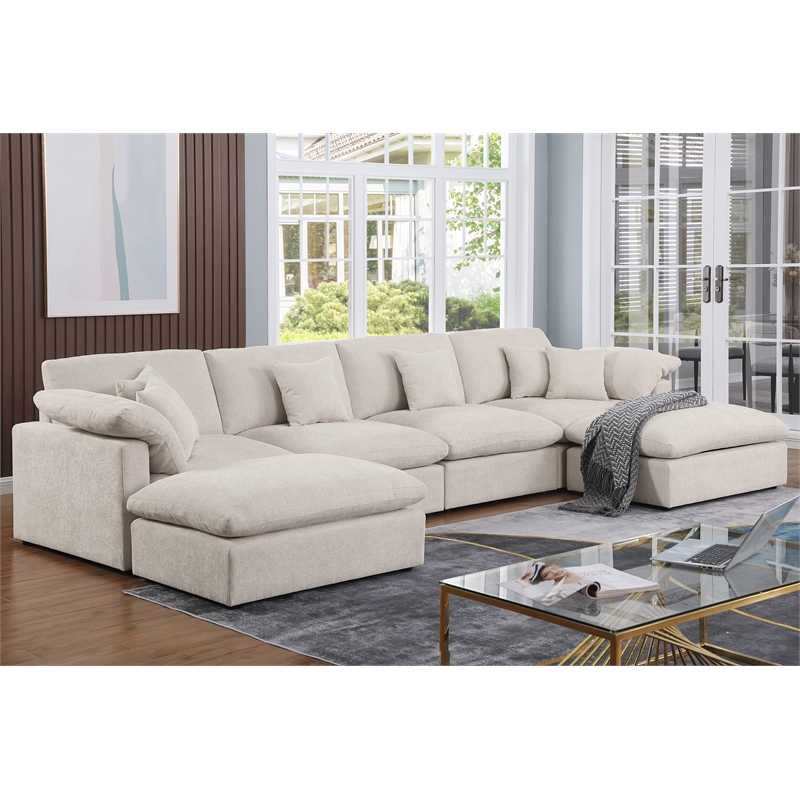 U Shape Chenille Sectional Sofa Cloud Couch With Removable Ottomans Beige