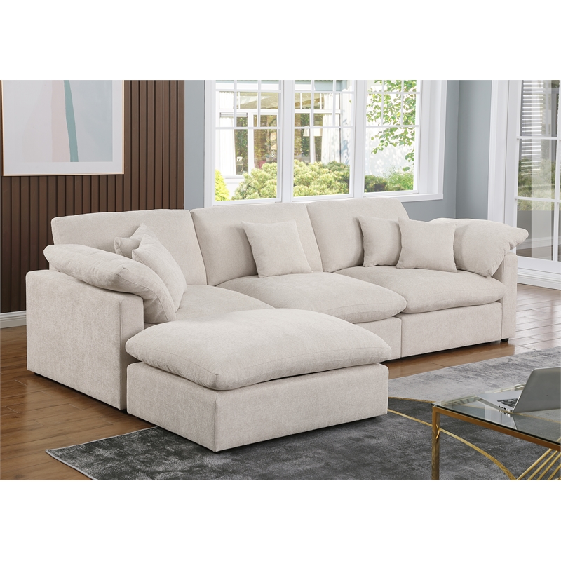 U Shape Chenille Sectional Sofa Cloud Couch With Removable Ottomans Beige