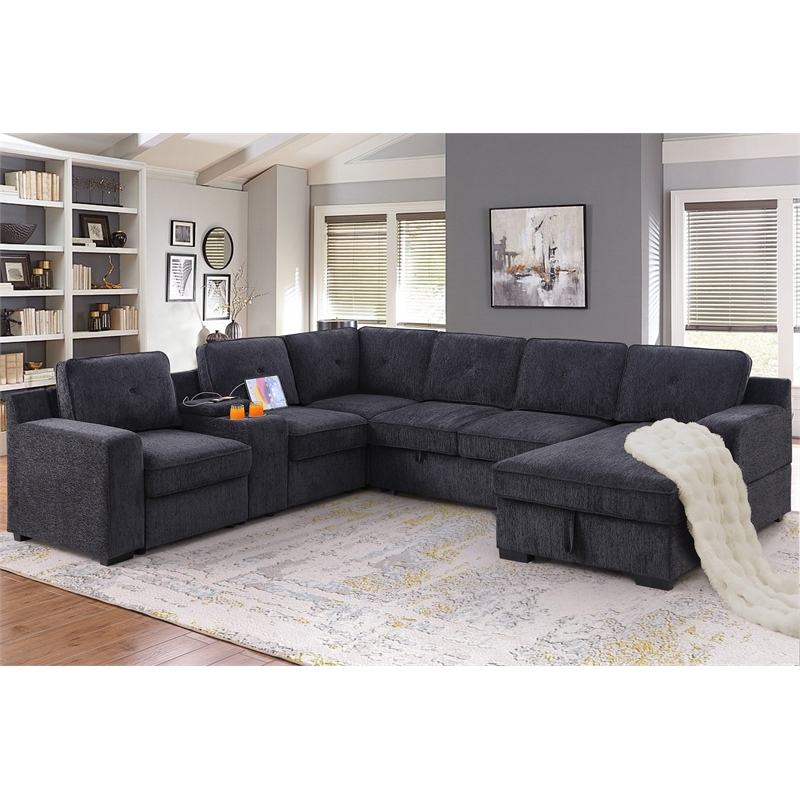 U-Shaped Sectional Sofa Bed Pull Out Sleeper Couch & Storage Chaise in Dark Gray