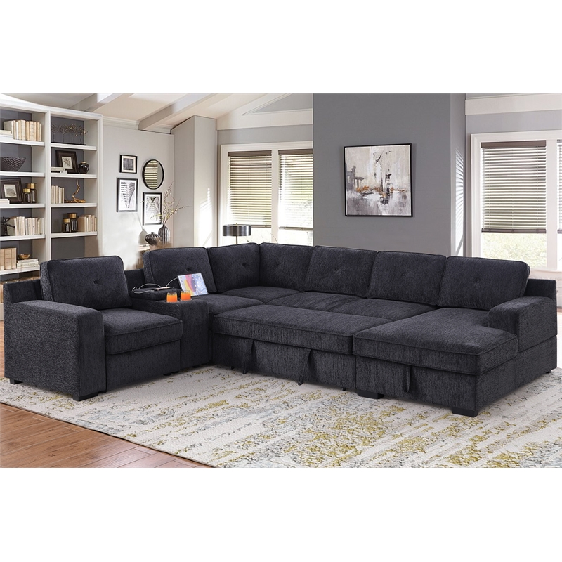 U-Shaped Sectional Sofa Bed Pull Out Sleeper Couch & Storage Chaise in Dark Gray