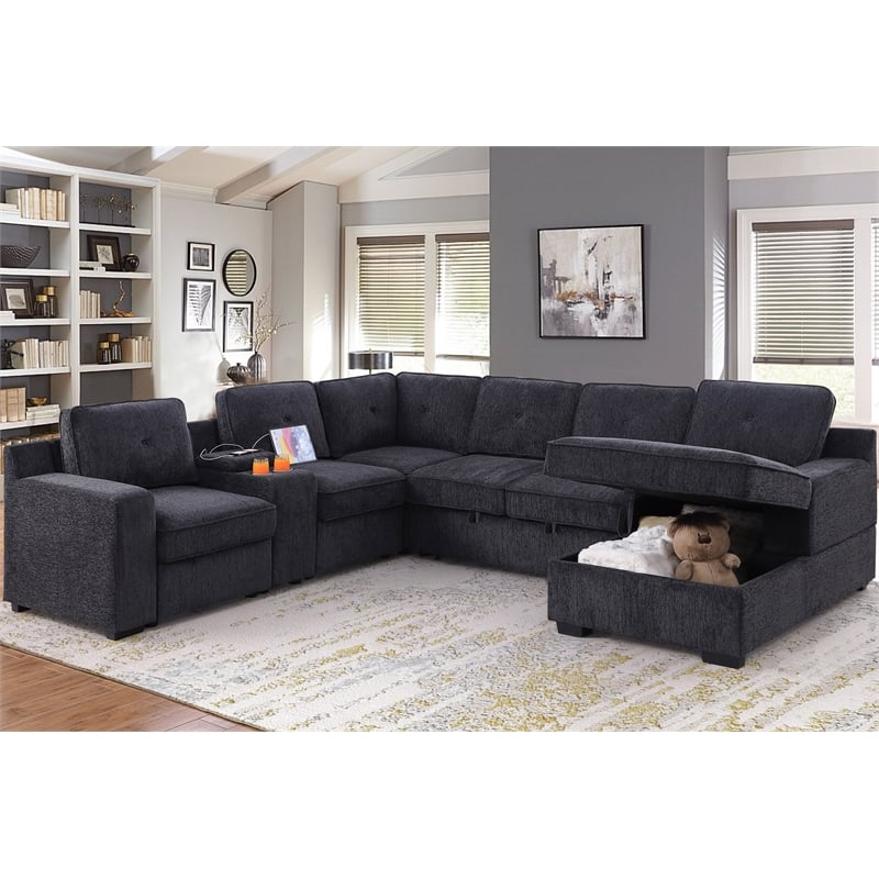 U-Shaped Sectional Sofa Bed Pull Out Sleeper Couch & Storage Chaise in Dark Gray