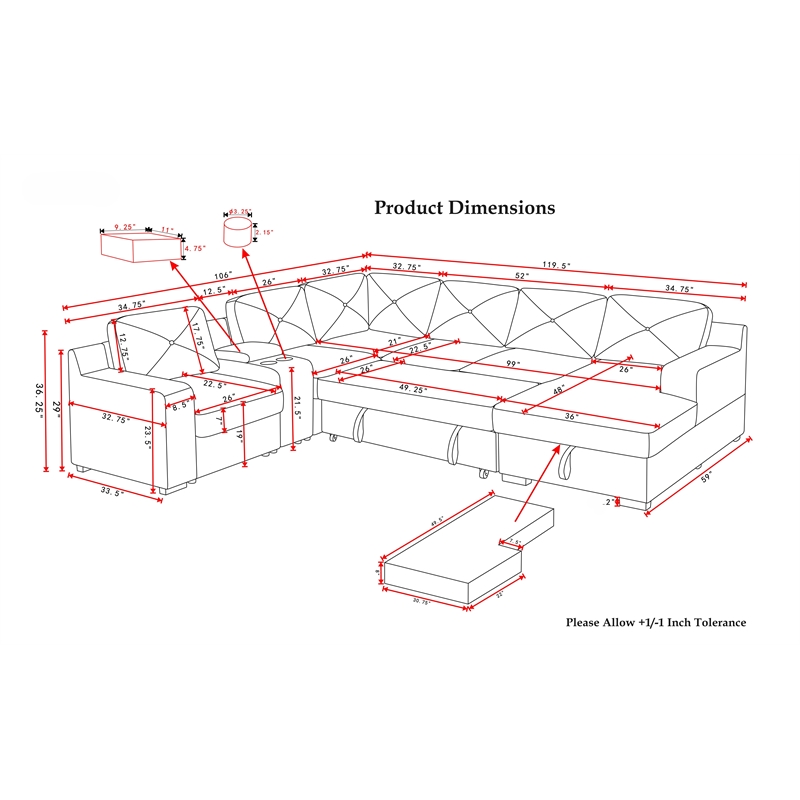 U-Shaped Sectional Sofa Bed Pull Out Sleeper Couch & Storage Chaise in Dark Gray