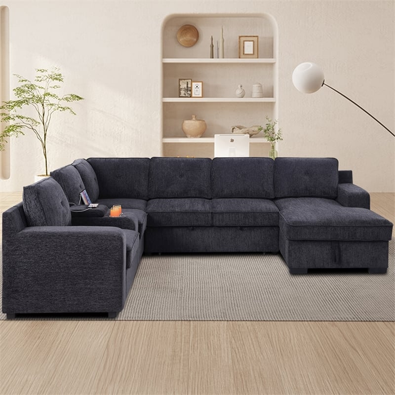 U-Shaped Sectional Sofa Bed Pull Out Sleeper Couch & Storage Chaise in Dark Gray