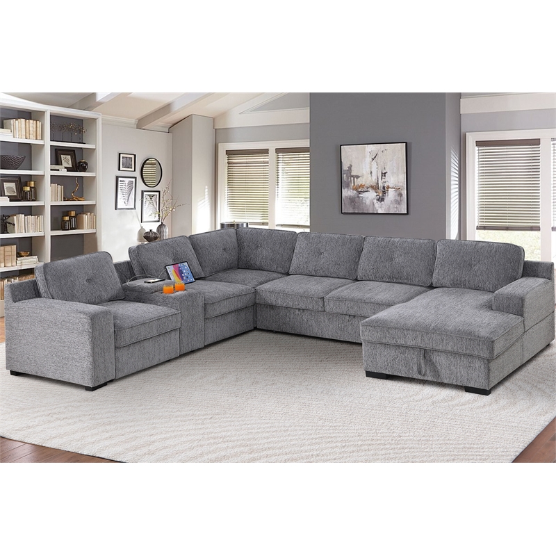 U-Shaped Sectional Sofa Bed Pull Out Sleeper Couch &Storage Chaise in Light Gray