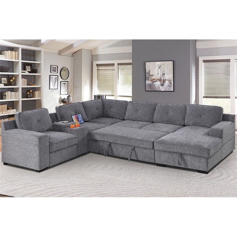 U-Shaped Sectional Sofa Bed Pull Out Sleeper Couch &Storage Chaise in Light Gray