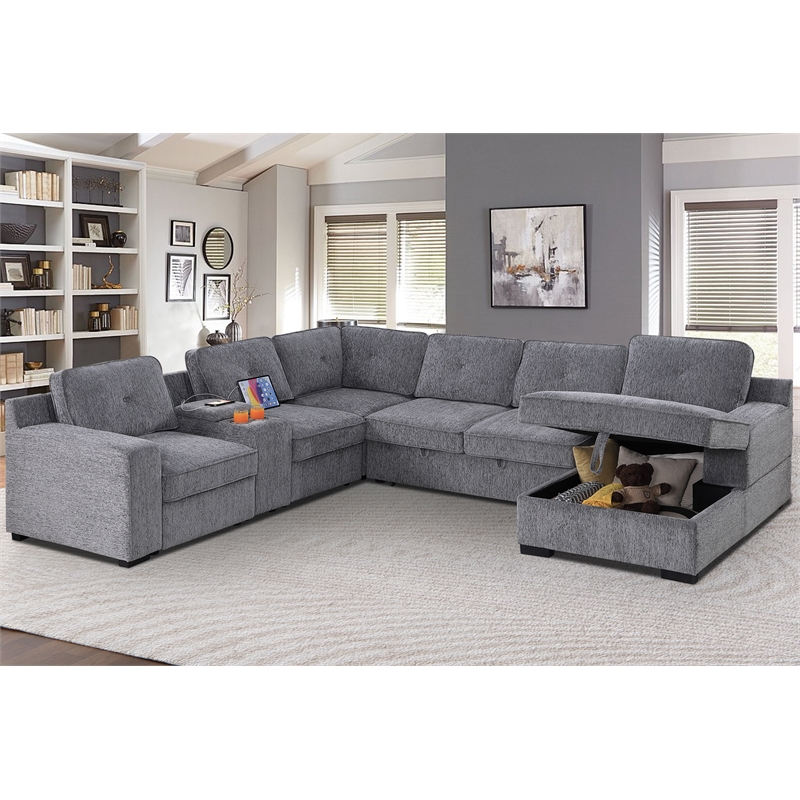 U-Shaped Sectional Sofa Bed Pull Out Sleeper Couch &Storage Chaise in Light Gray