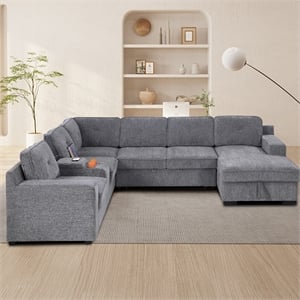 U-Shaped Sectional Sofa Bed Pull Out Sleeper Couch &Storage Chaise in Light Gray