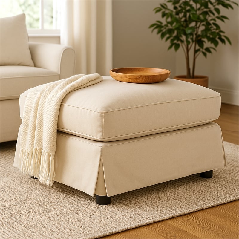 Sunset Trading Horizon Wood/Fabric Slipcovered Ottoman in Tan