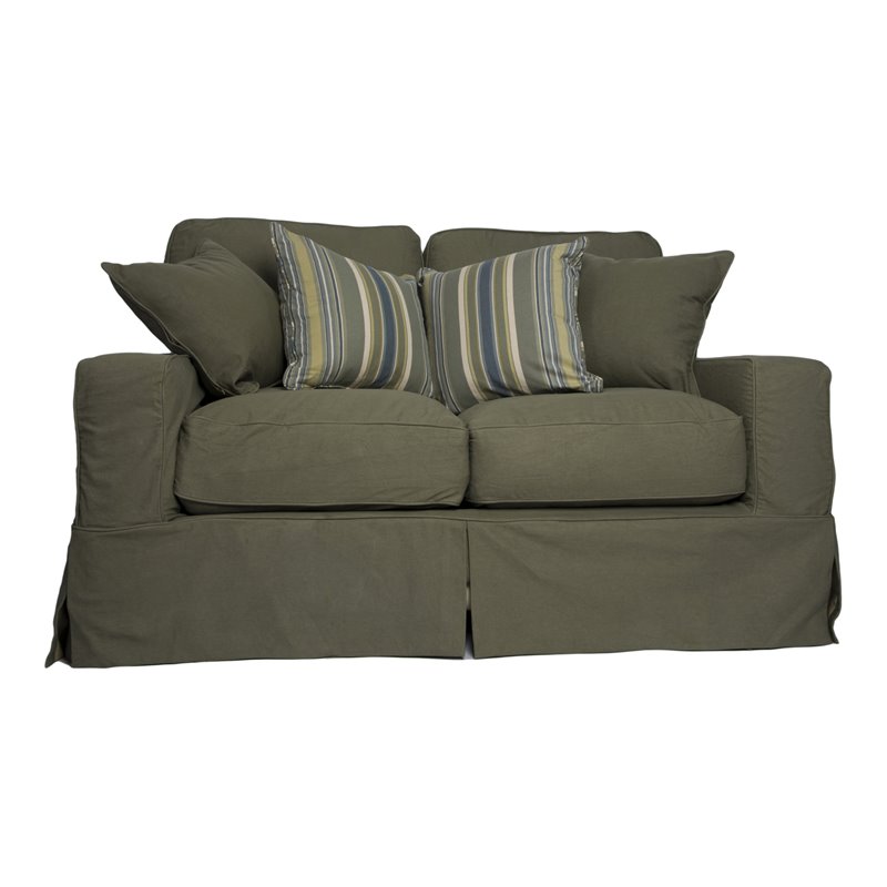 Sunset Trading Americana Box Cushion Cotton Slipcovered Loveseat in Forest Green