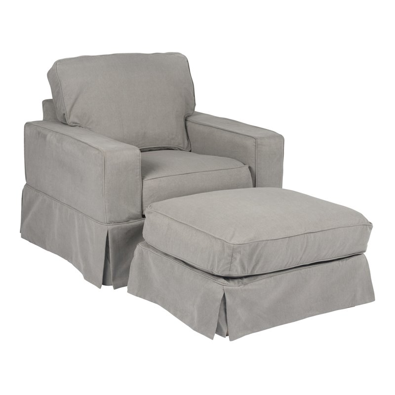 Sunset Trading Americana Box Cushion Fabric Slipcovered Chair & Ottoman in Gray