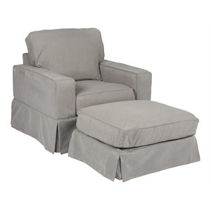 Sunset Trading Americana Box Cushion Fabric Slipcovered Chair & Ottoman in Gray