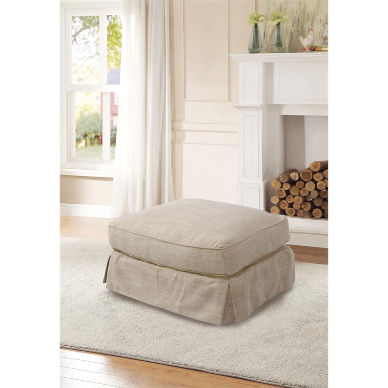Sunset Trading Americana Box Cushion Fabric Slipcovered Ottoman Linen Tan Gray