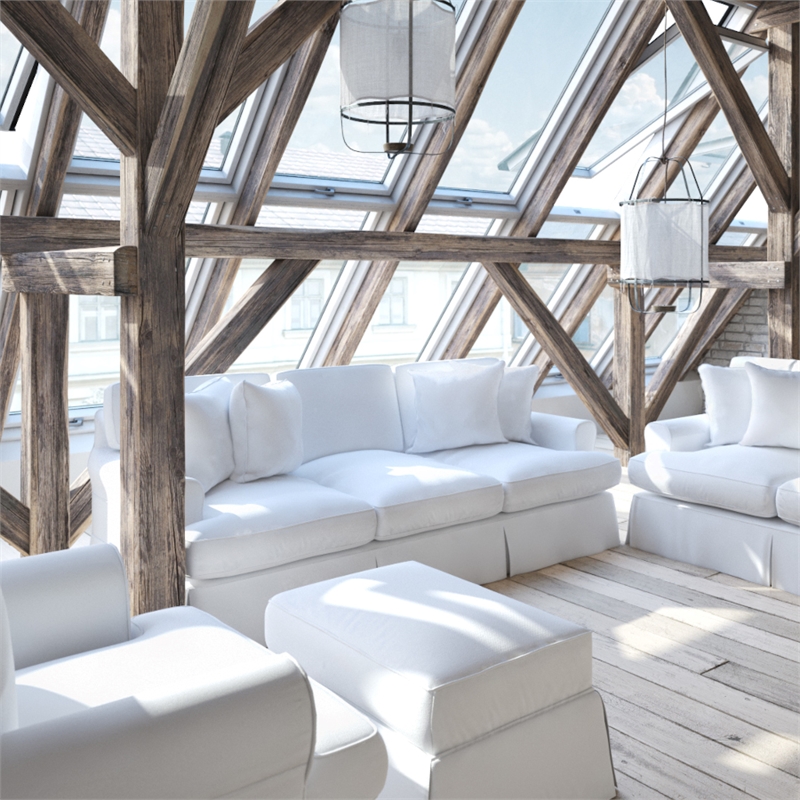 Sunset Trading Horizon T-Cushion Cotton Slipcovered Sofa in Warm White Fabric