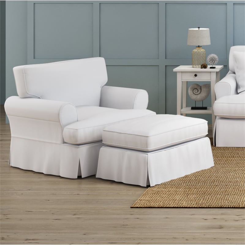 Sunset Trading Horizon T-Cushion Fabric Slipcovered Chair with Ottoman in White