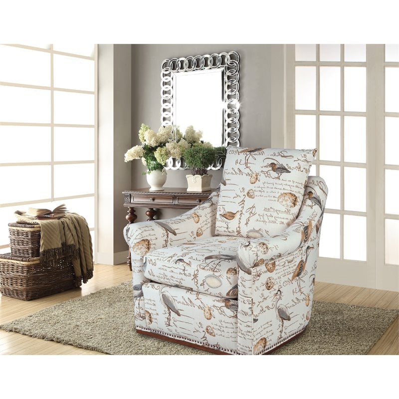 Sunset Trading Birdscript Rolled Arms Nailhead Trim Fabric Swivel Chair in Cream