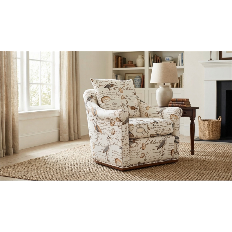 Sunset Trading Birdscript Rolled Arms/Nailhead Trim Fabric Swivel Chair in Cream