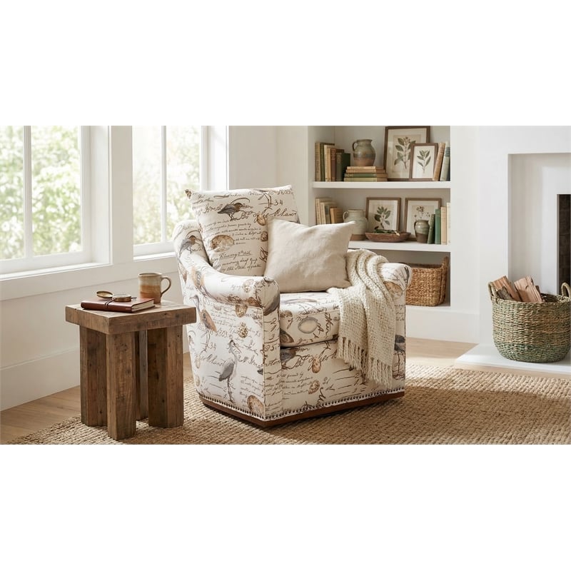 Sunset Trading Birdscript Rolled Arms/Nailhead Trim Fabric Swivel Chair in Cream
