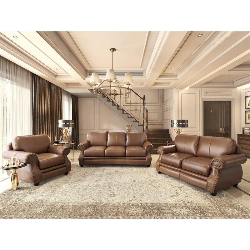 Sunset Trading Charleston 3-Piece Top-Grain Leather Living Room Set in Chestnut