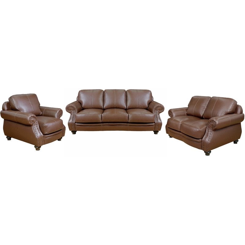 Sunset Trading Charleston 3-Piece Top-Grain Leather Living Room Set in Chestnut