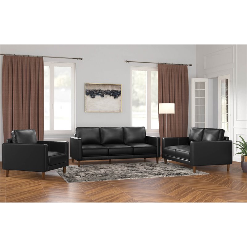 Sunset Trading Prelude 3-Piece Top-Grain Leather Living Room Set in Black