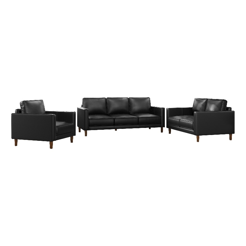 Sunset Trading Prelude 3-Piece Top-Grain Leather Living Room Set in Black