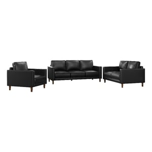 Sunset Trading Prelude 3-Piece Top-Grain Leather Living Room Set in Black