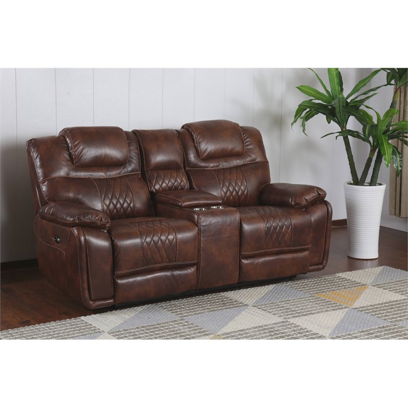 Sunset Trading Diamond Power Faux Leather Dual Reclining Loveseat in Brown