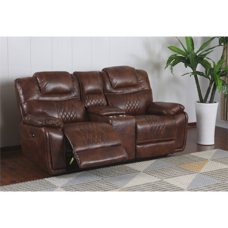 Sunset Trading Diamond Power Faux Leather Dual Reclining Loveseat in Brown