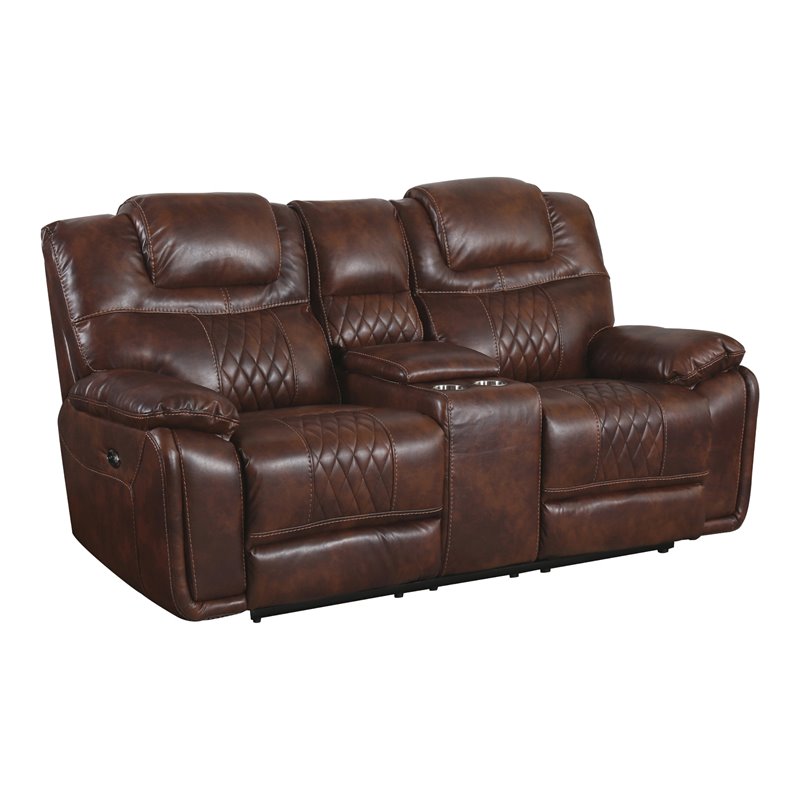 Sunset Trading Diamond Power Faux Leather Dual Reclining Loveseat in Brown