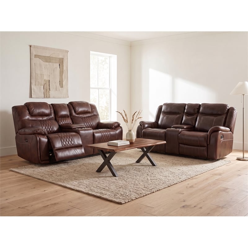 Sunset Trading Diamond Power Faux Leather Dual Reclining Sofa in Brown