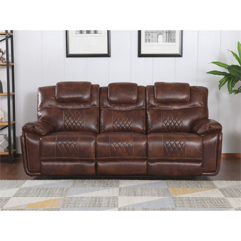 Sunset Trading Diamond Power Faux Leather Dual Reclining Sofa in Brown